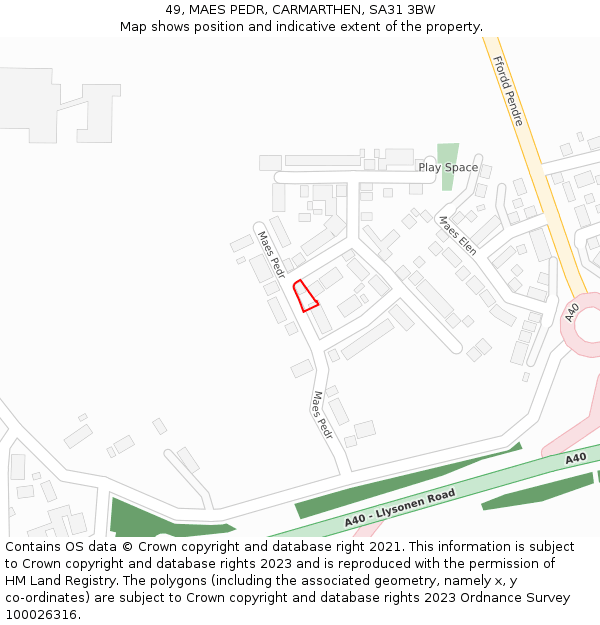 49, MAES PEDR, CARMARTHEN, SA31 3BW: Location map and indicative extent of plot