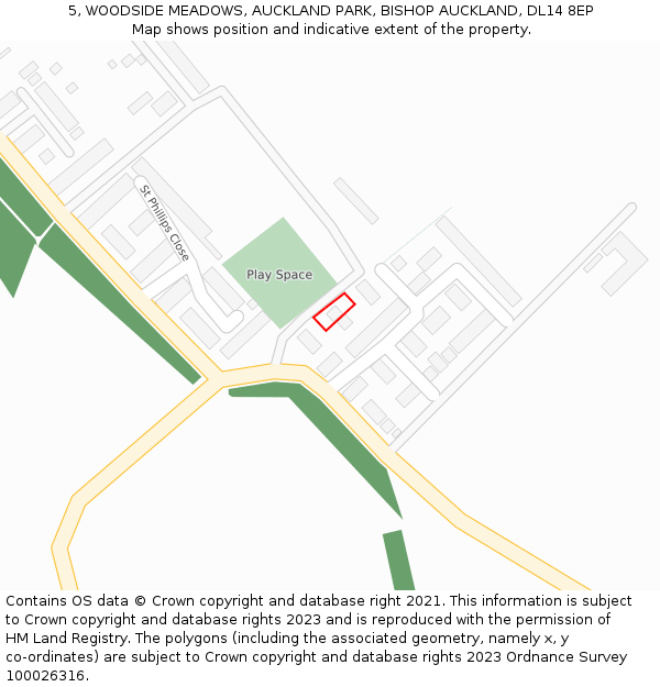5, WOODSIDE MEADOWS, AUCKLAND PARK, BISHOP AUCKLAND, DL14 8EP: Location map and indicative extent of plot