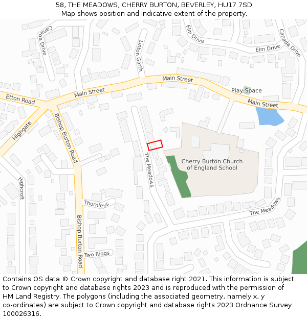 58, THE MEADOWS, CHERRY BURTON, BEVERLEY, HU17 7SD: Location map and indicative extent of plot