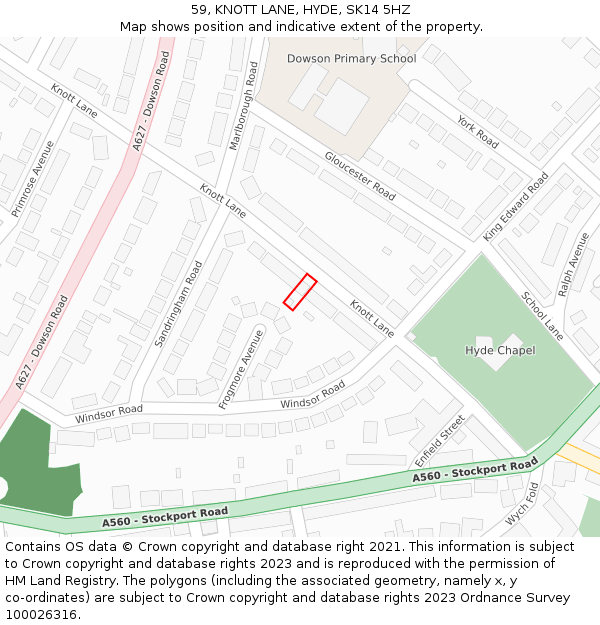 59, KNOTT LANE, HYDE, SK14 5HZ: Location map and indicative extent of plot