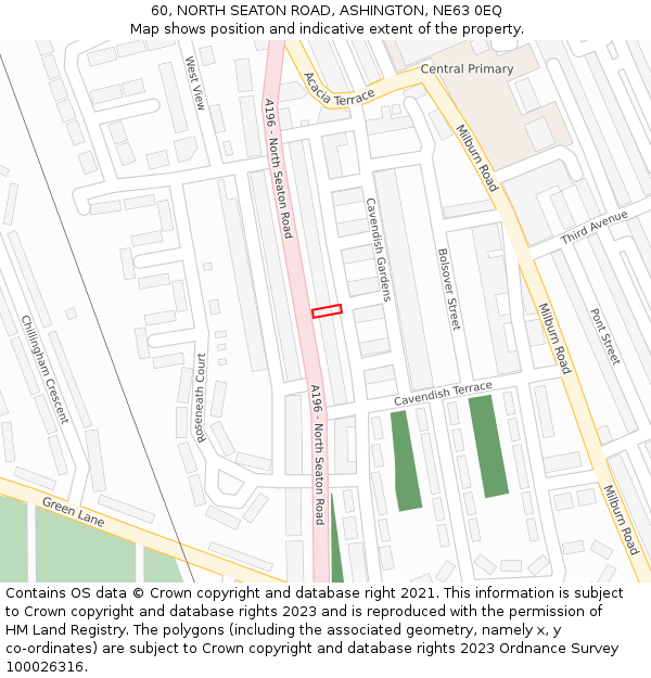 60, NORTH SEATON ROAD, ASHINGTON, NE63 0EQ: Location map and indicative extent of plot