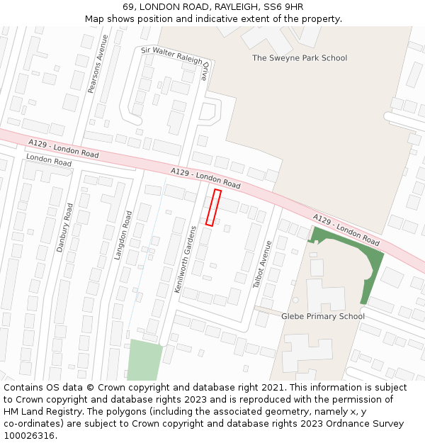 69, LONDON ROAD, RAYLEIGH, SS6 9HR: Location map and indicative extent of plot