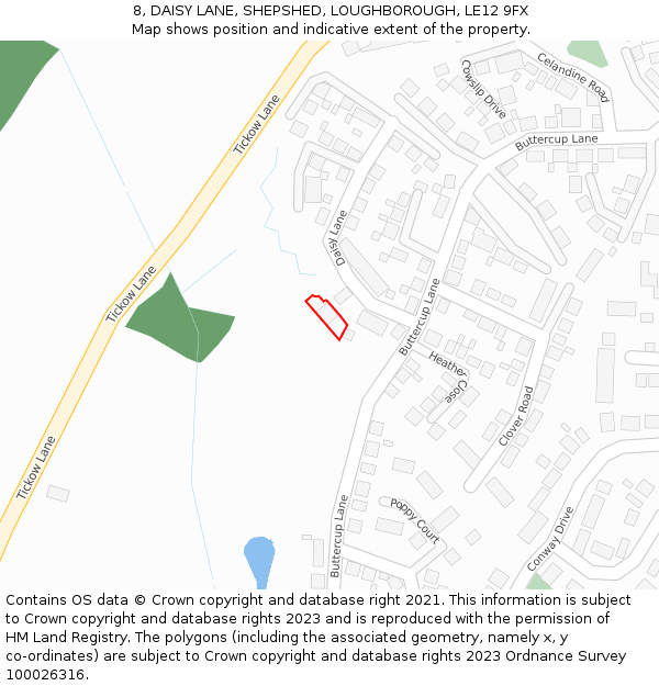 8, DAISY LANE, SHEPSHED, LOUGHBOROUGH, LE12 9FX: Location map and indicative extent of plot