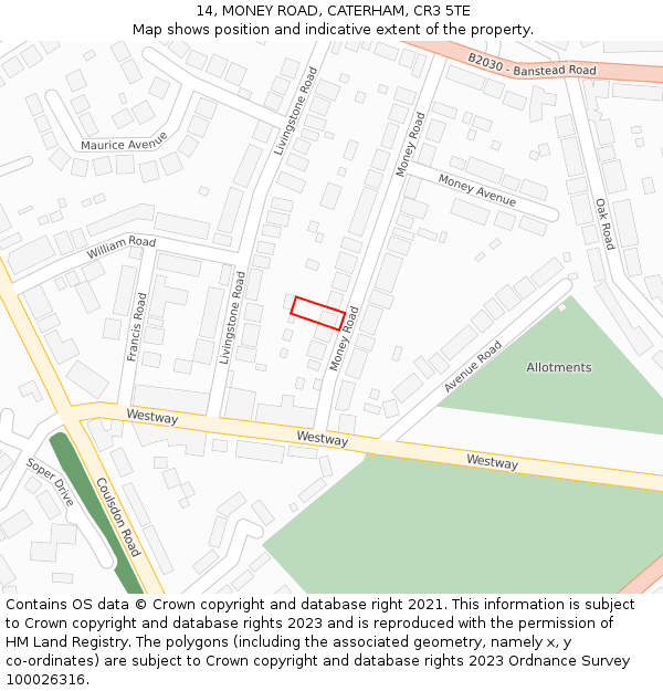 14, MONEY ROAD, CATERHAM, CR3 5TE: Location map and indicative extent of plot