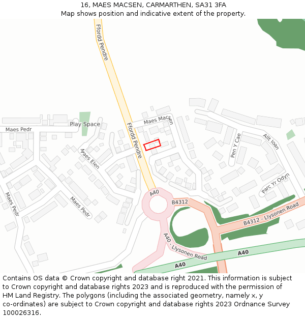 16, MAES MACSEN, CARMARTHEN, SA31 3FA: Location map and indicative extent of plot
