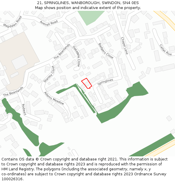 21, SPRINGLINES, WANBOROUGH, SWINDON, SN4 0ES: Location map and indicative extent of plot