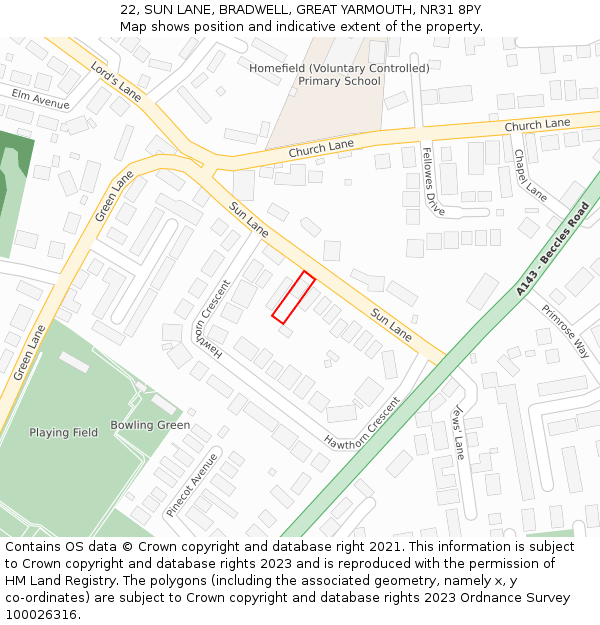 22, SUN LANE, BRADWELL, GREAT YARMOUTH, NR31 8PY: Location map and indicative extent of plot