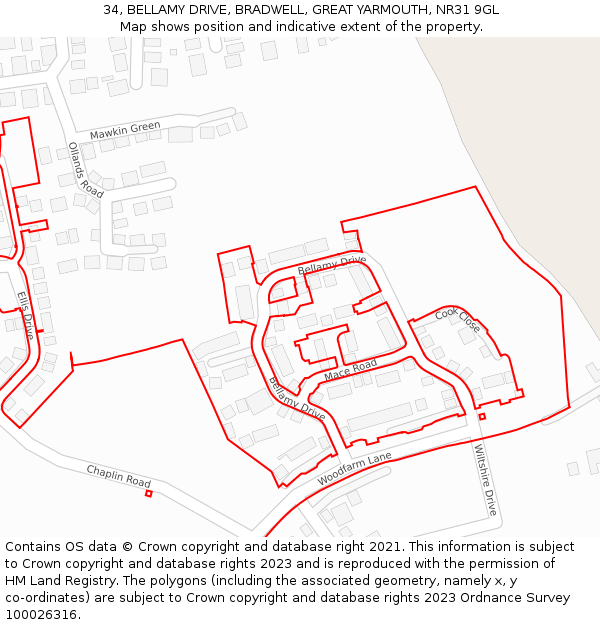 34, BELLAMY DRIVE, BRADWELL, GREAT YARMOUTH, NR31 9GL: Location map and indicative extent of plot