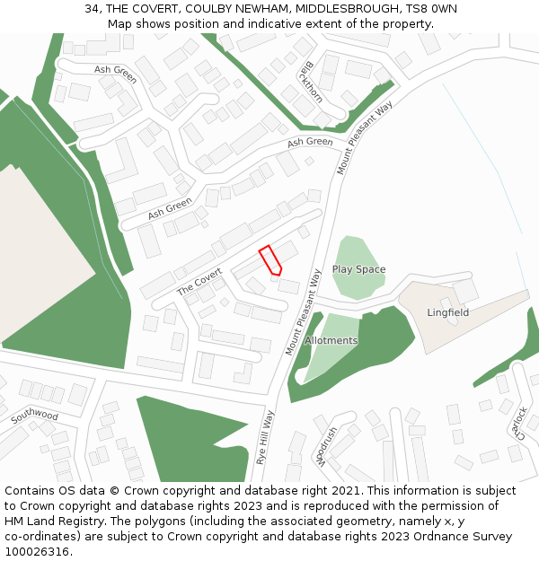 34, THE COVERT, COULBY NEWHAM, MIDDLESBROUGH, TS8 0WN: Location map and indicative extent of plot