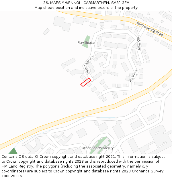 36, MAES Y WENNOL, CARMARTHEN, SA31 3EA: Location map and indicative extent of plot