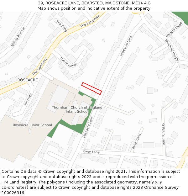 39, ROSEACRE LANE, BEARSTED, MAIDSTONE, ME14 4JG: Location map and indicative extent of plot