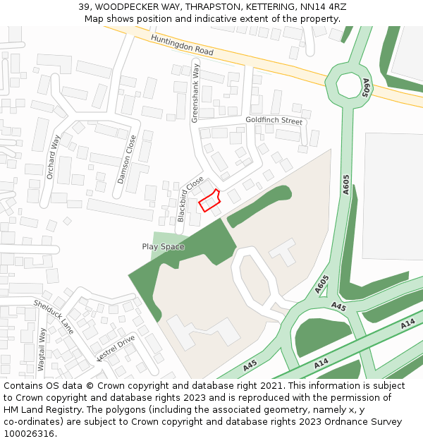 39, WOODPECKER WAY, THRAPSTON, KETTERING, NN14 4RZ: Location map and indicative extent of plot