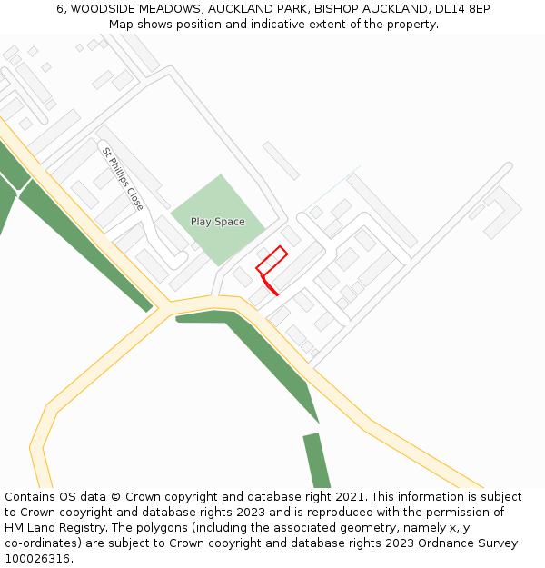 6, WOODSIDE MEADOWS, AUCKLAND PARK, BISHOP AUCKLAND, DL14 8EP: Location map and indicative extent of plot