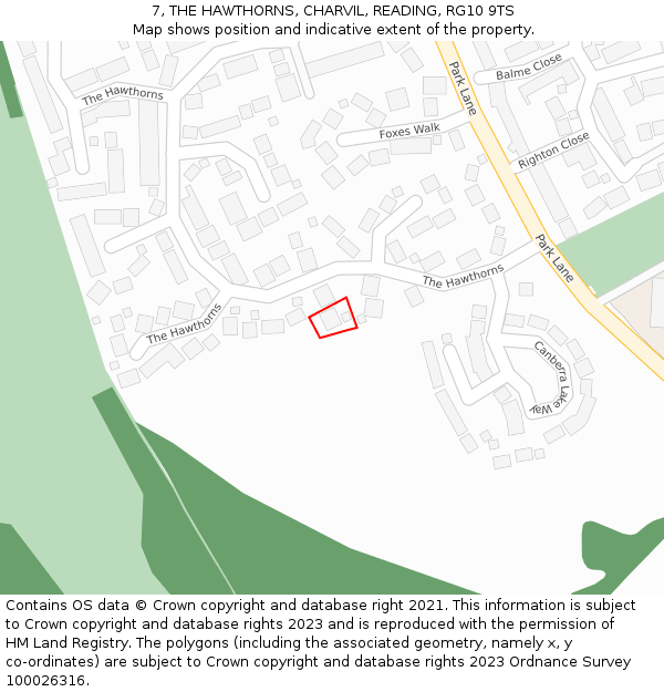7, THE HAWTHORNS, CHARVIL, READING, RG10 9TS: Location map and indicative extent of plot