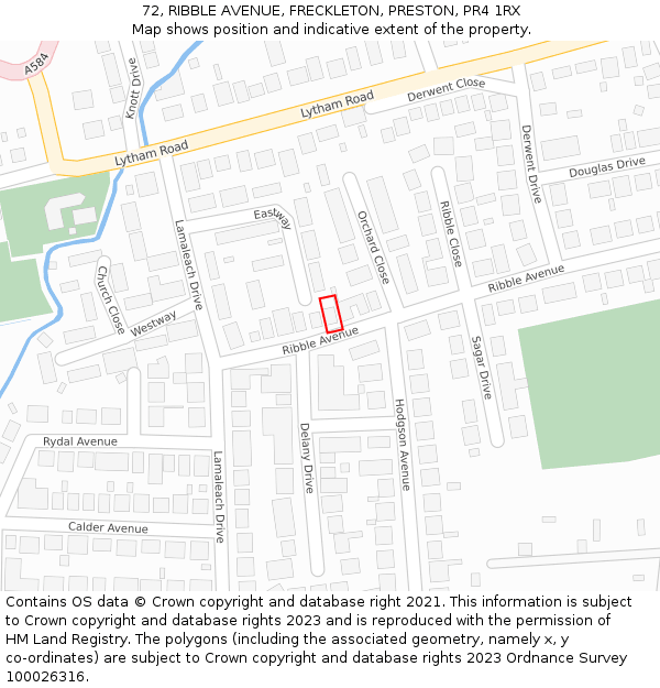 72, RIBBLE AVENUE, FRECKLETON, PRESTON, PR4 1RX: Location map and indicative extent of plot