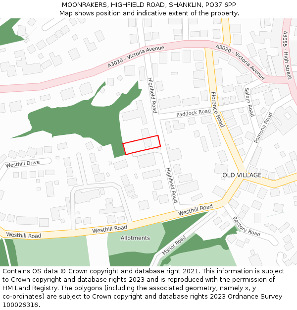 MOONRAKERS, HIGHFIELD ROAD, SHANKLIN, PO37 6PP: Location map and indicative extent of plot