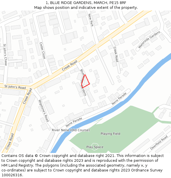 1, BLUE RIDGE GARDENS, MARCH, PE15 8RF: Location map and indicative extent of plot