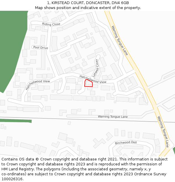 1, KIRSTEAD COURT, DONCASTER, DN4 6GB: Location map and indicative extent of plot