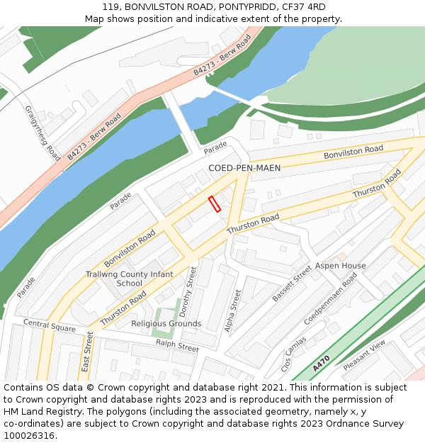 119, BONVILSTON ROAD, PONTYPRIDD, CF37 4RD: Location map and indicative extent of plot