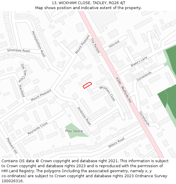 13, WICKHAM CLOSE, TADLEY, RG26 4JT: Location map and indicative extent of plot
