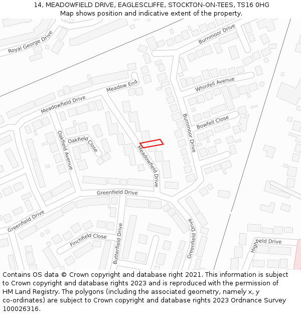 14, MEADOWFIELD DRIVE, EAGLESCLIFFE, STOCKTON-ON-TEES, TS16 0HG: Location map and indicative extent of plot