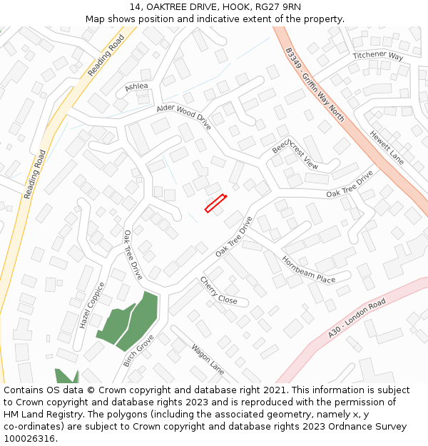 14, OAKTREE DRIVE, HOOK, RG27 9RN: Location map and indicative extent of plot