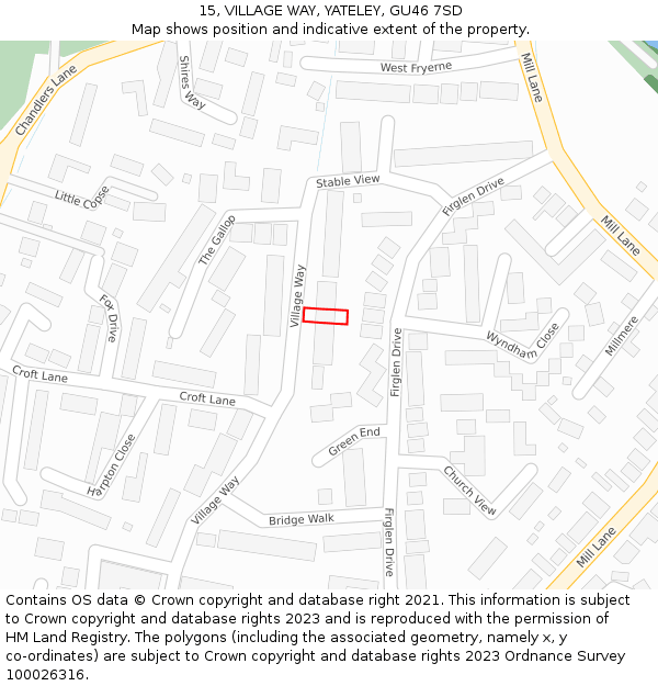 15, VILLAGE WAY, YATELEY, GU46 7SD: Location map and indicative extent of plot