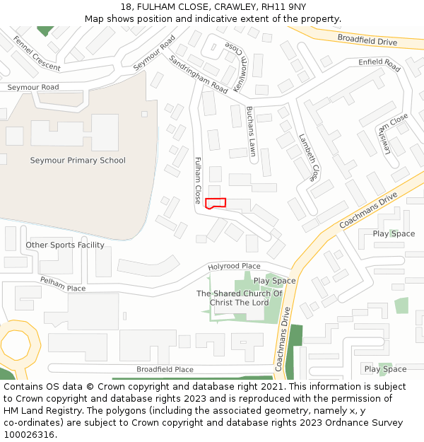 18, FULHAM CLOSE, CRAWLEY, RH11 9NY: Location map and indicative extent of plot