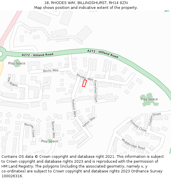 18, RHODES WAY, BILLINGSHURST, RH14 9ZN: Location map and indicative extent of plot