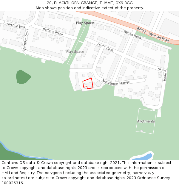 20, BLACKTHORN GRANGE, THAME, OX9 3GG: Location map and indicative extent of plot