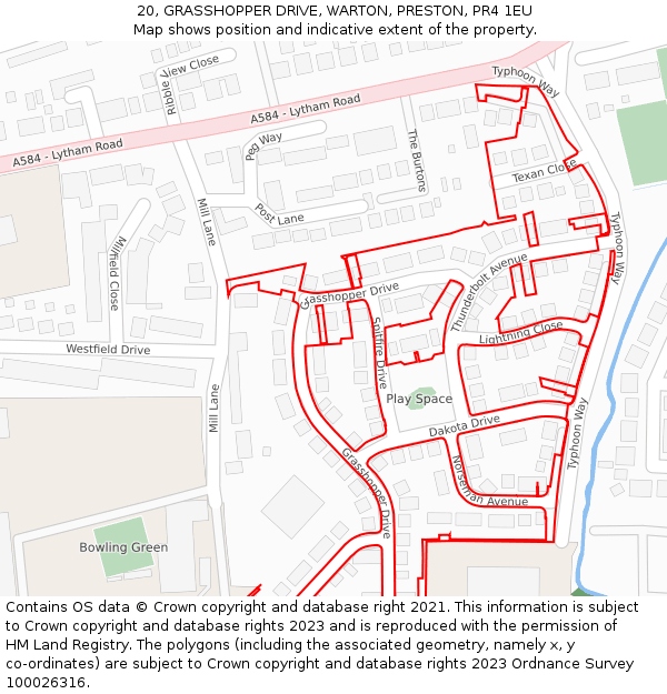 20, GRASSHOPPER DRIVE, WARTON, PRESTON, PR4 1EU: Location map and indicative extent of plot