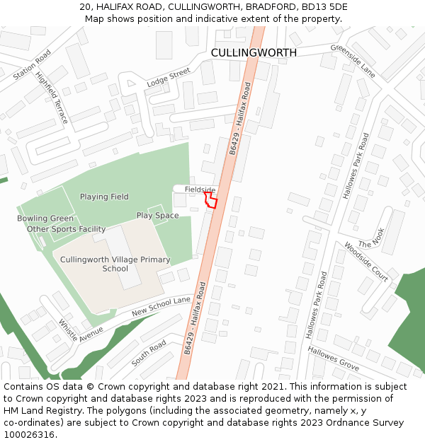 20, HALIFAX ROAD, CULLINGWORTH, BRADFORD, BD13 5DE: Location map and indicative extent of plot