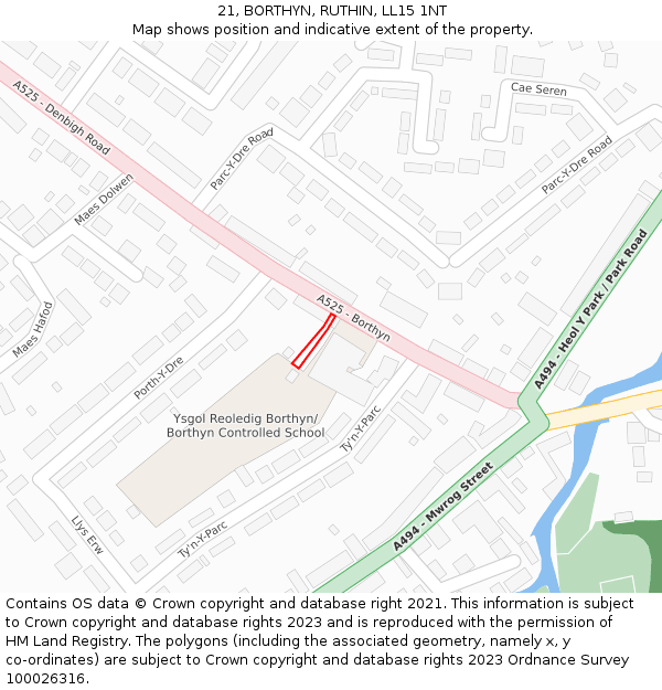 21, BORTHYN, RUTHIN, LL15 1NT: Location map and indicative extent of plot