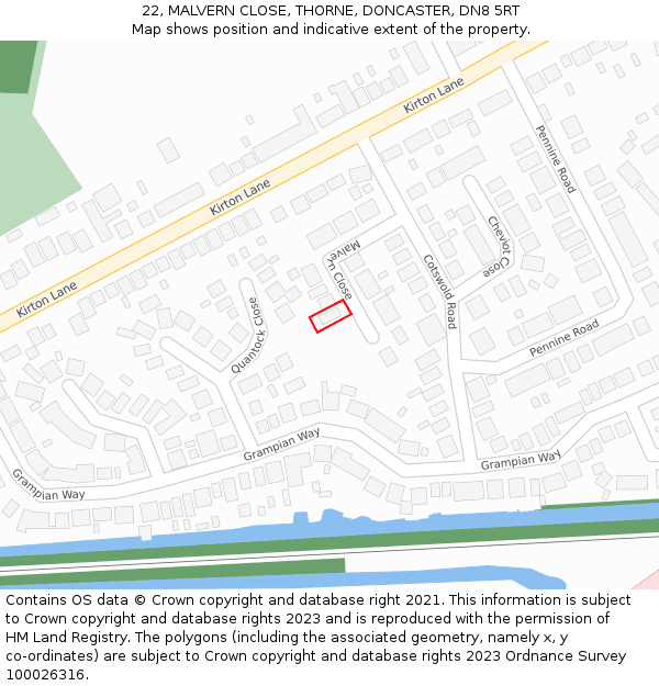 22, MALVERN CLOSE, THORNE, DONCASTER, DN8 5RT: Location map and indicative extent of plot