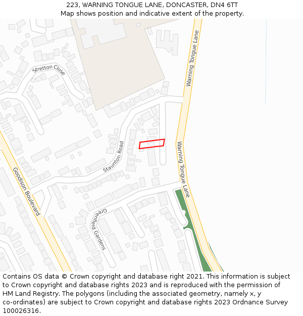 223, WARNING TONGUE LANE, DONCASTER, DN4 6TT: Location map and indicative extent of plot