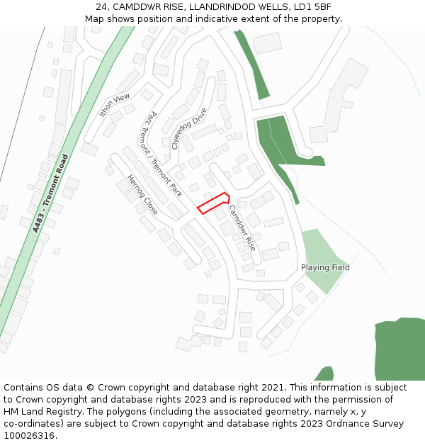 24, CAMDDWR RISE, LLANDRINDOD WELLS, LD1 5BF: Location map and indicative extent of plot
