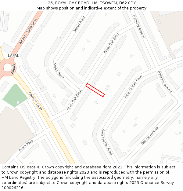 26, ROYAL OAK ROAD, HALESOWEN, B62 0DY: Location map and indicative extent of plot