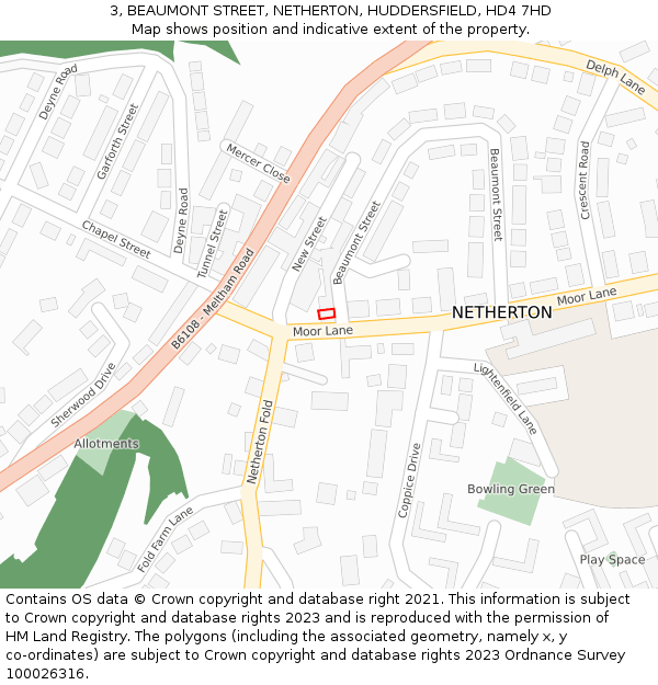 3, BEAUMONT STREET, NETHERTON, HUDDERSFIELD, HD4 7HD: Location map and indicative extent of plot