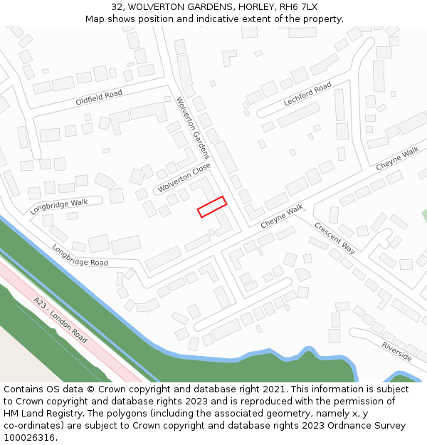 32, WOLVERTON GARDENS, HORLEY, RH6 7LX: Location map and indicative extent of plot
