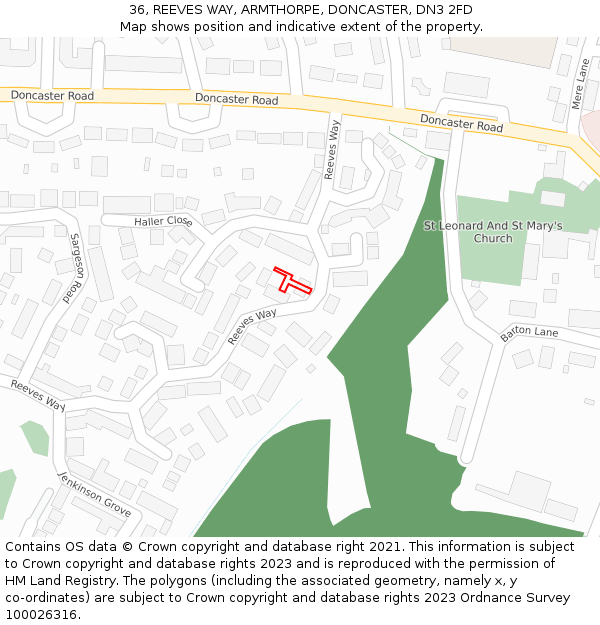 36, REEVES WAY, ARMTHORPE, DONCASTER, DN3 2FD: Location map and indicative extent of plot