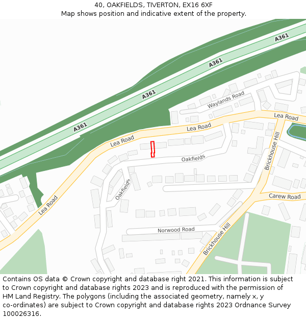 40, OAKFIELDS, TIVERTON, EX16 6XF: Location map and indicative extent of plot