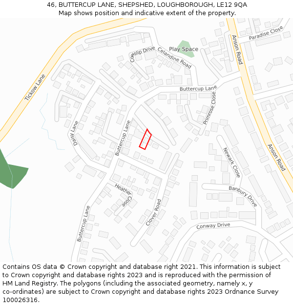 46, BUTTERCUP LANE, SHEPSHED, LOUGHBOROUGH, LE12 9QA: Location map and indicative extent of plot