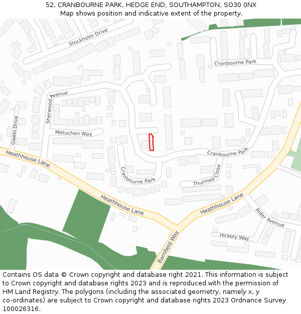 52, CRANBOURNE PARK, HEDGE END, SOUTHAMPTON, SO30 0NX: Location map and indicative extent of plot