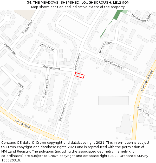 54, THE MEADOWS, SHEPSHED, LOUGHBOROUGH, LE12 9QN: Location map and indicative extent of plot