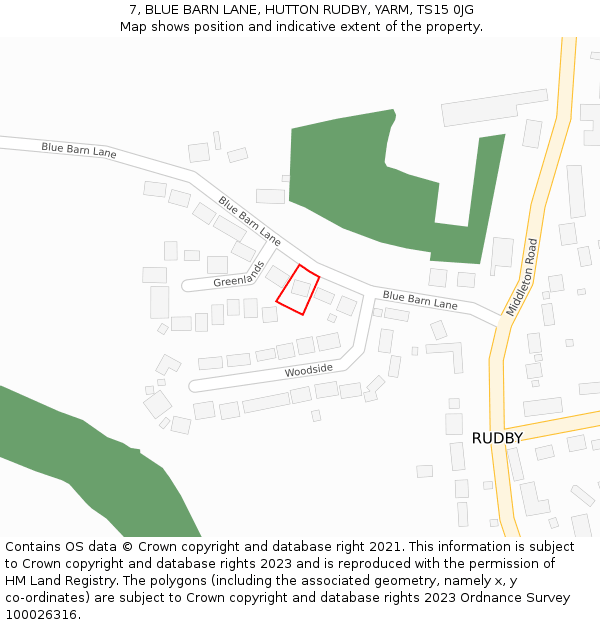 7, BLUE BARN LANE, HUTTON RUDBY, YARM, TS15 0JG: Location map and indicative extent of plot