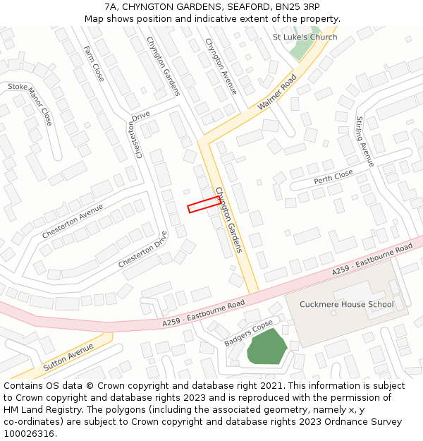 7A, CHYNGTON GARDENS, SEAFORD, BN25 3RP: Location map and indicative extent of plot