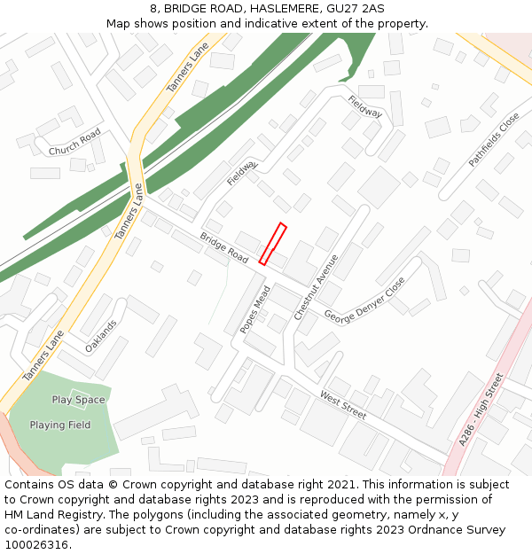 8, BRIDGE ROAD, HASLEMERE, GU27 2AS: Location map and indicative extent of plot