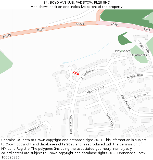 84, BOYD AVENUE, PADSTOW, PL28 8HD: Location map and indicative extent of plot