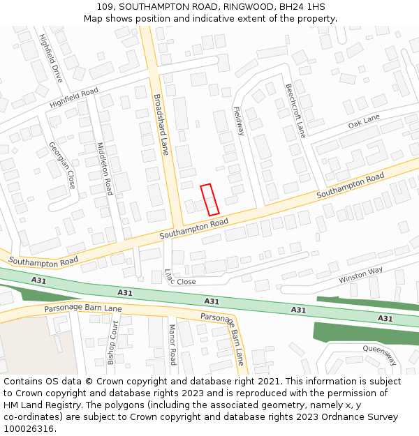 109, SOUTHAMPTON ROAD, RINGWOOD, BH24 1HS: Location map and indicative extent of plot