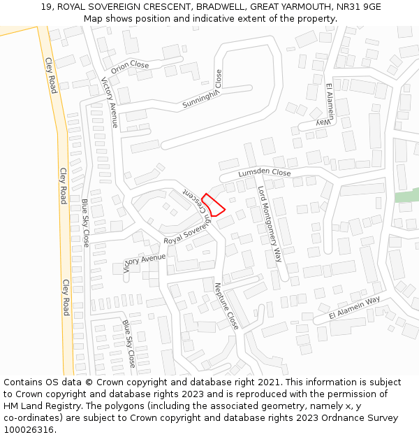 19, ROYAL SOVEREIGN CRESCENT, BRADWELL, GREAT YARMOUTH, NR31 9GE: Location map and indicative extent of plot